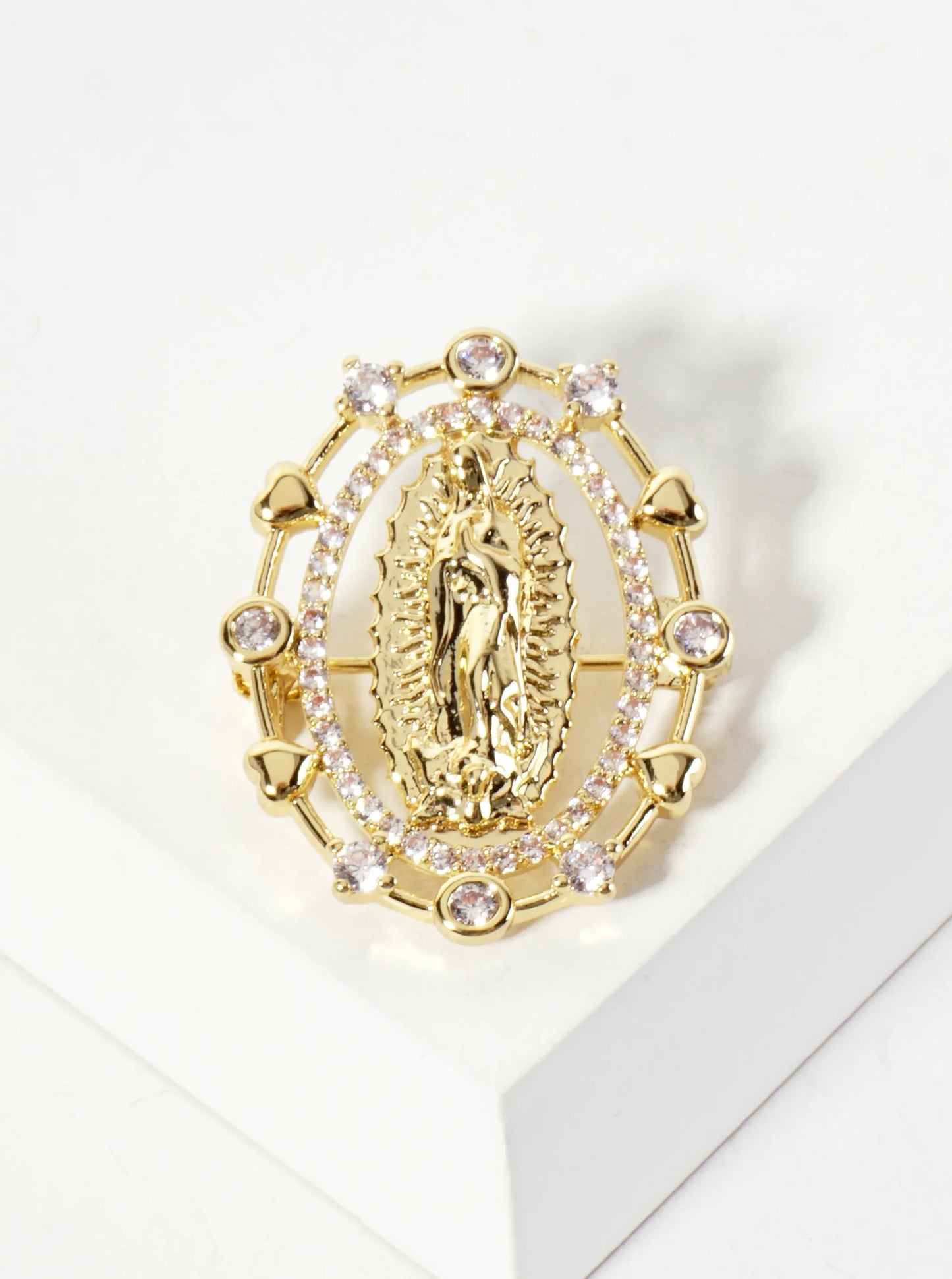 18K-Gold-Dipped Cubic-Zirconia Virgin-Mary Brooch In Oval Frame