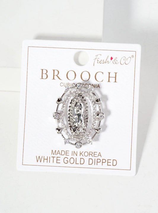 18K-Gold-Dipped Cubic-Zirconia Virgin-Mary Brooch In Oval Frame