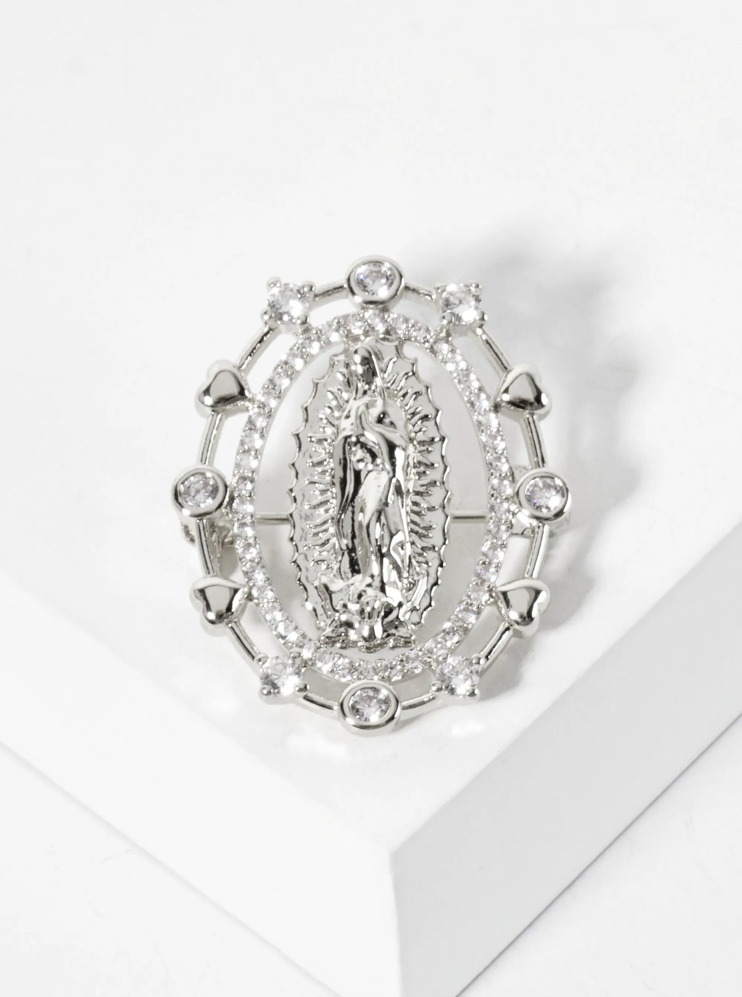 18K-Gold-Dipped Cubic-Zirconia Virgin-Mary Brooch In Oval Frame