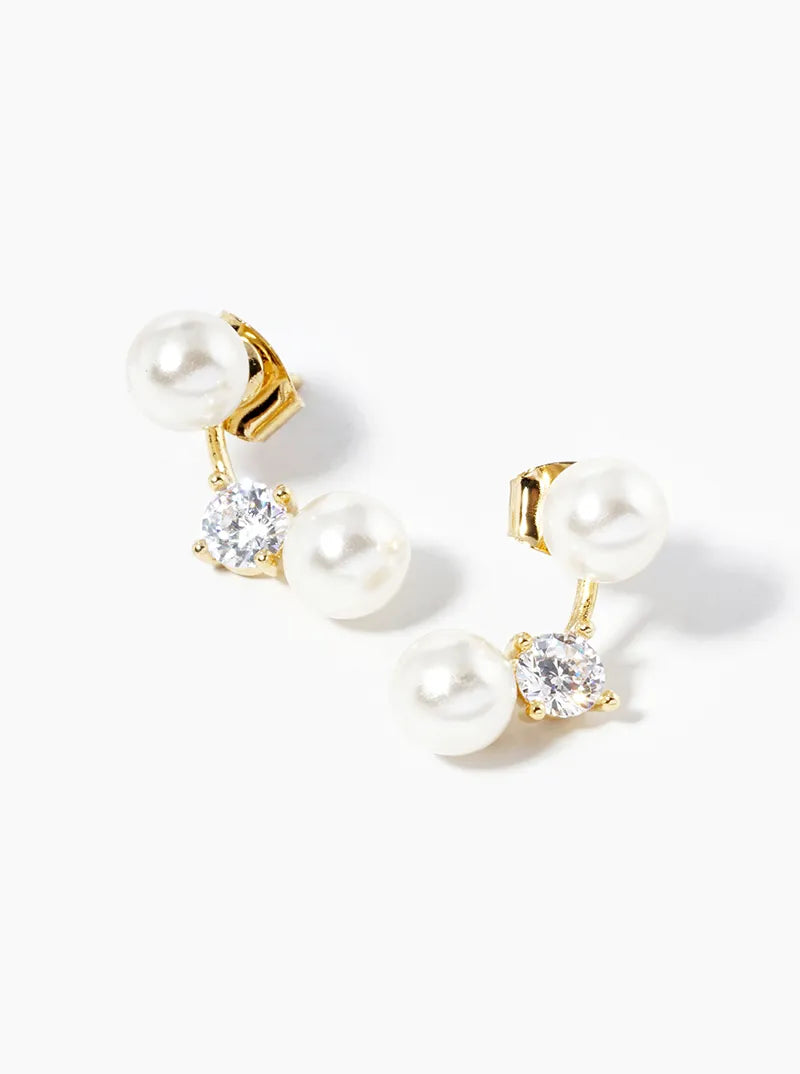 18K-Gold-Dipped Curved Bar With CZ Stone Pearl Beads Post Stud Earring Jackets