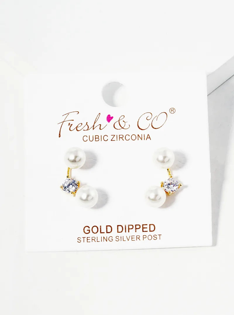 18K-Gold-Dipped Curved Bar With CZ Stone Pearl Beads Post Stud Earring Jackets