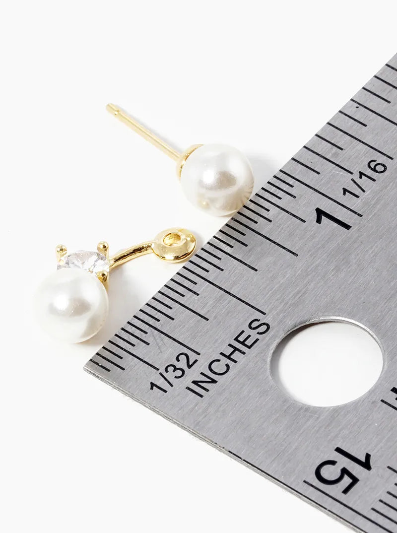 18K-Gold-Dipped Curved Bar With CZ Stone Pearl Beads Post Stud Earring Jackets