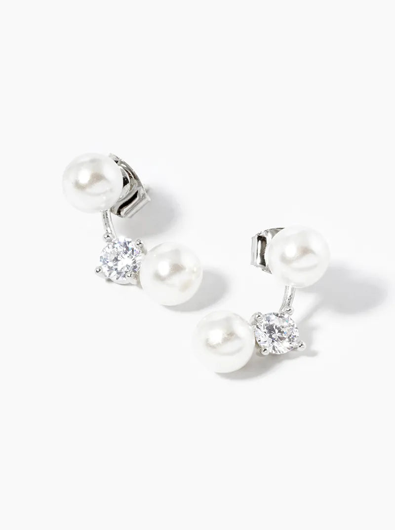 18K-Gold-Dipped Curved Bar With CZ Stone Pearl Beads Post Stud Earring Jackets