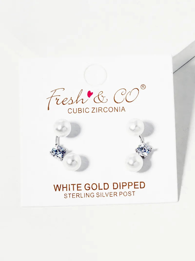 18K-Gold-Dipped Curved Bar With CZ Stone Pearl Beads Post Stud Earring Jackets