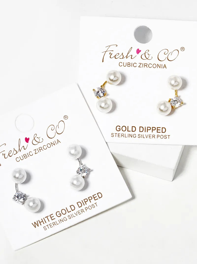 18K-Gold-Dipped Curved Bar With CZ Stone Pearl Beads Post Stud Earring Jackets