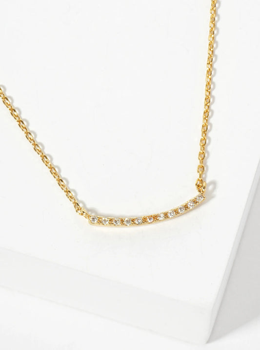 18K Gold Dipped Delicate Pave Set CZ Curved Horizontal Bar Pendant Necklace