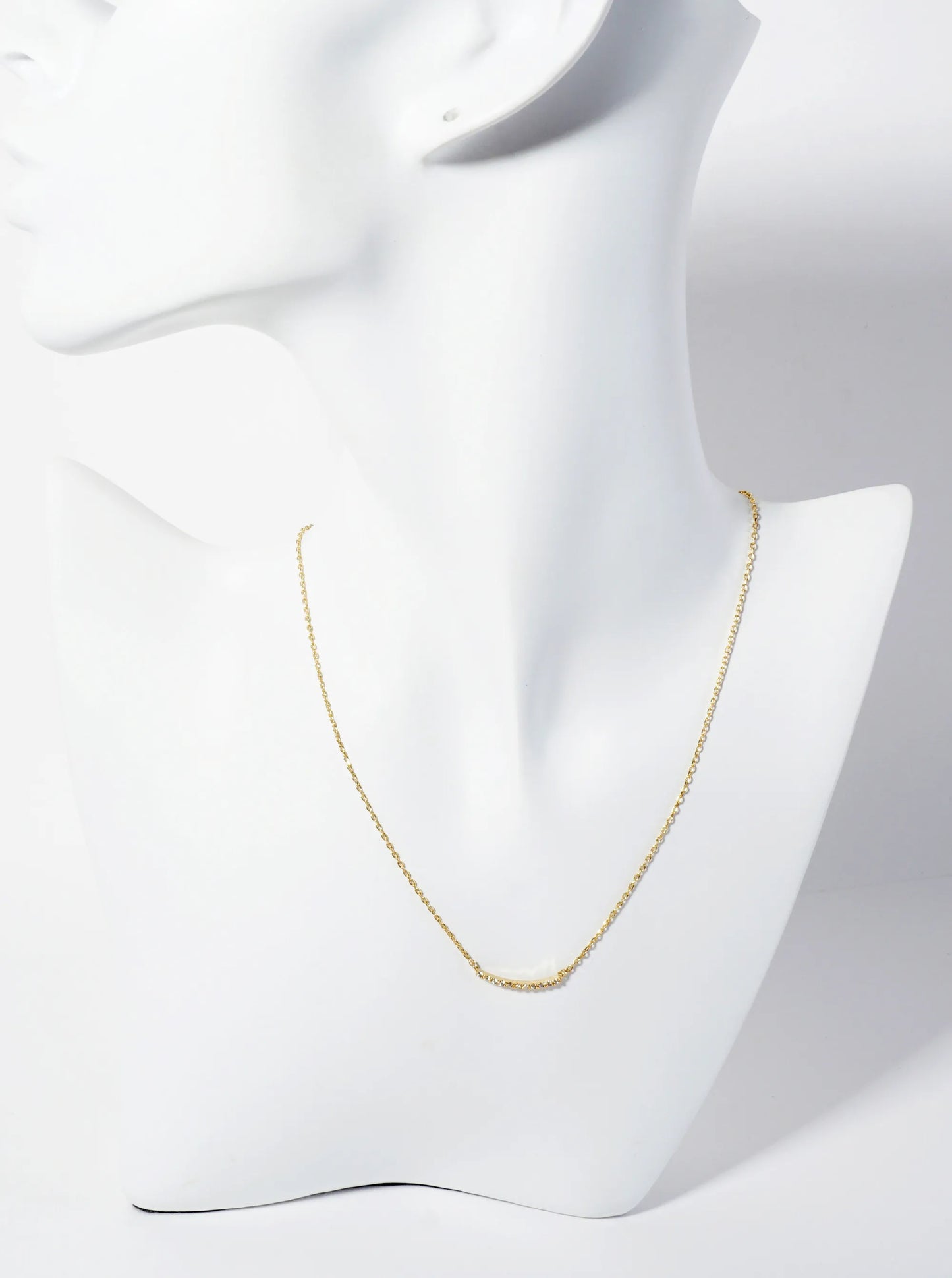 18K Gold Dipped Delicate Pave Set CZ Curved Horizontal Bar Pendant Necklace