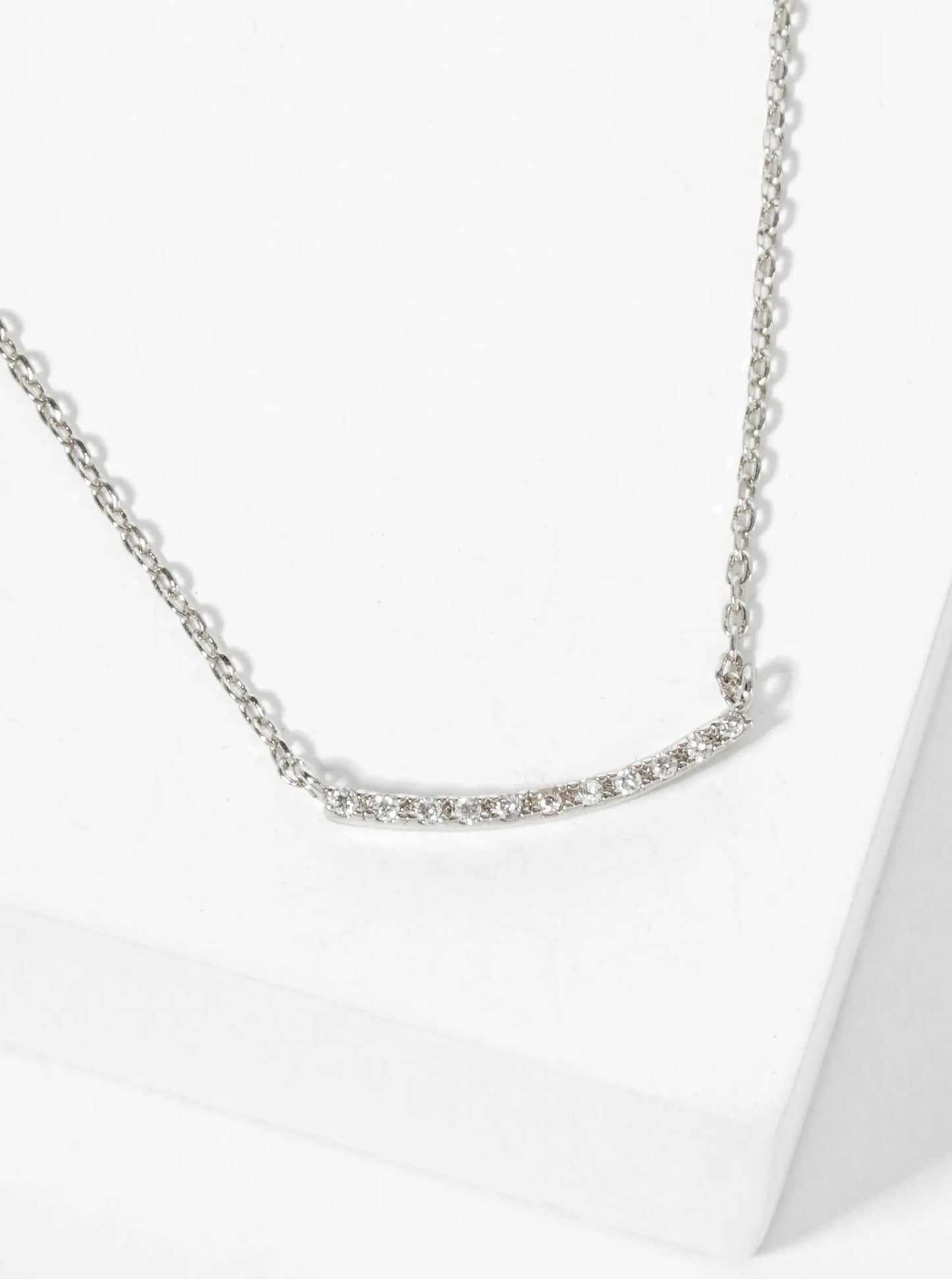 18K Gold Dipped Delicate Pave Set CZ Curved Horizontal Bar Pendant Necklace