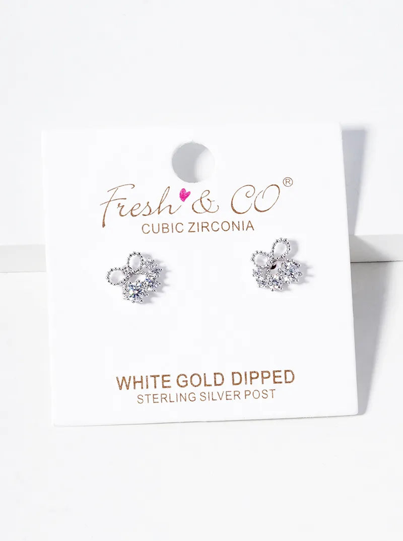 18K-Gold-Dipped Delicate Ribbon Bow With Graduated CZ Stones Stud Earrings