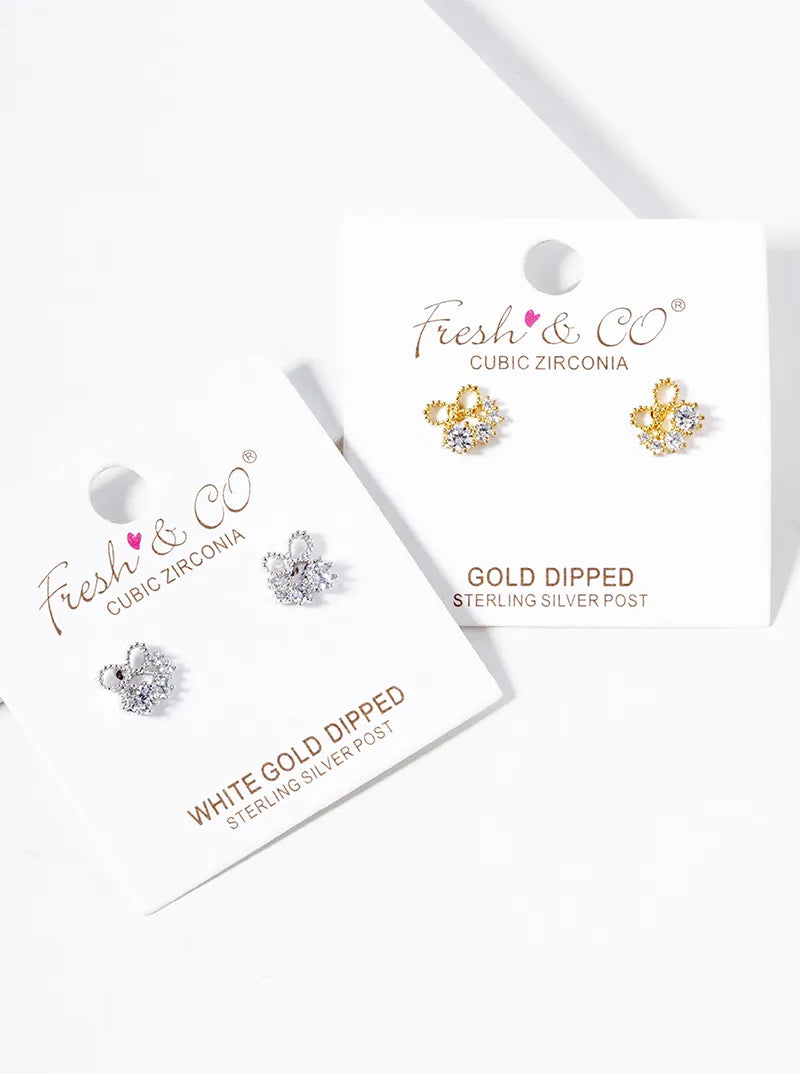 18K-Gold-Dipped Delicate Ribbon Bow With Graduated CZ Stones Stud Earrings