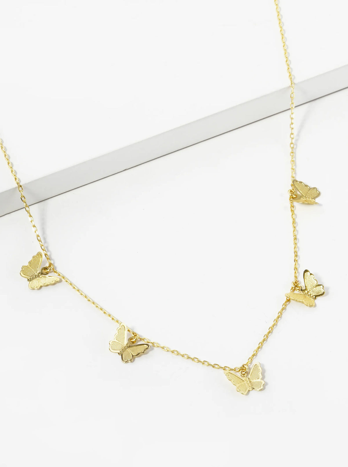 18K Gold Dipped Delicate Textured Brass Five Butterflies Pendant Necklace