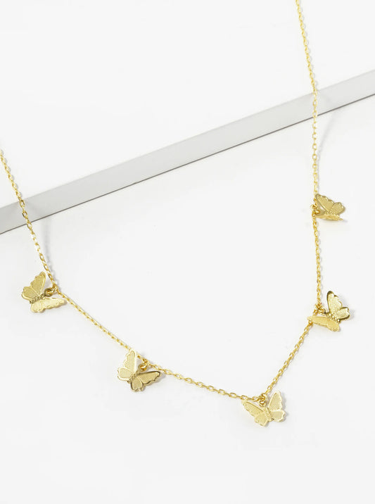 18K Gold Dipped Delicate Textured Brass Five Butterflies Pendant Necklace