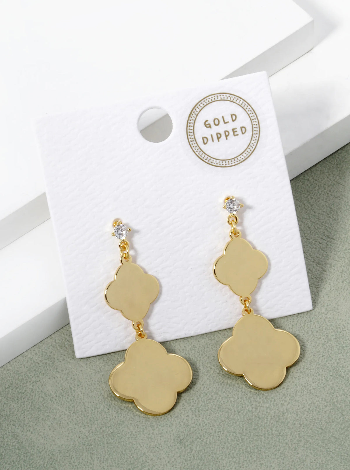 18K Gold Dipped Double Quatrefoil Drop 925 Sterling Silver Post Earrings