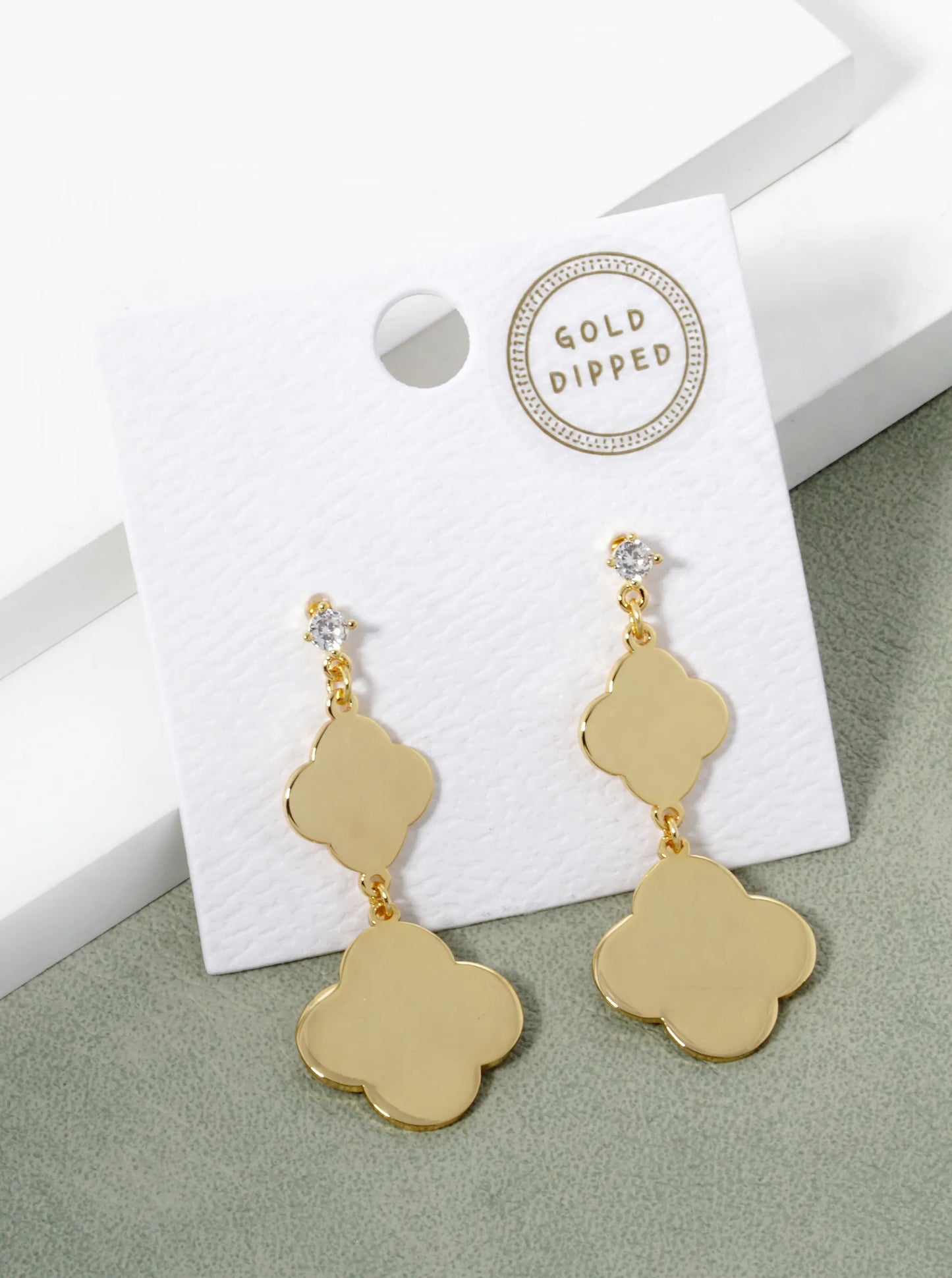 18K Gold Dipped Double Quatrefoil Drop 925 Sterling Silver Post Earrings