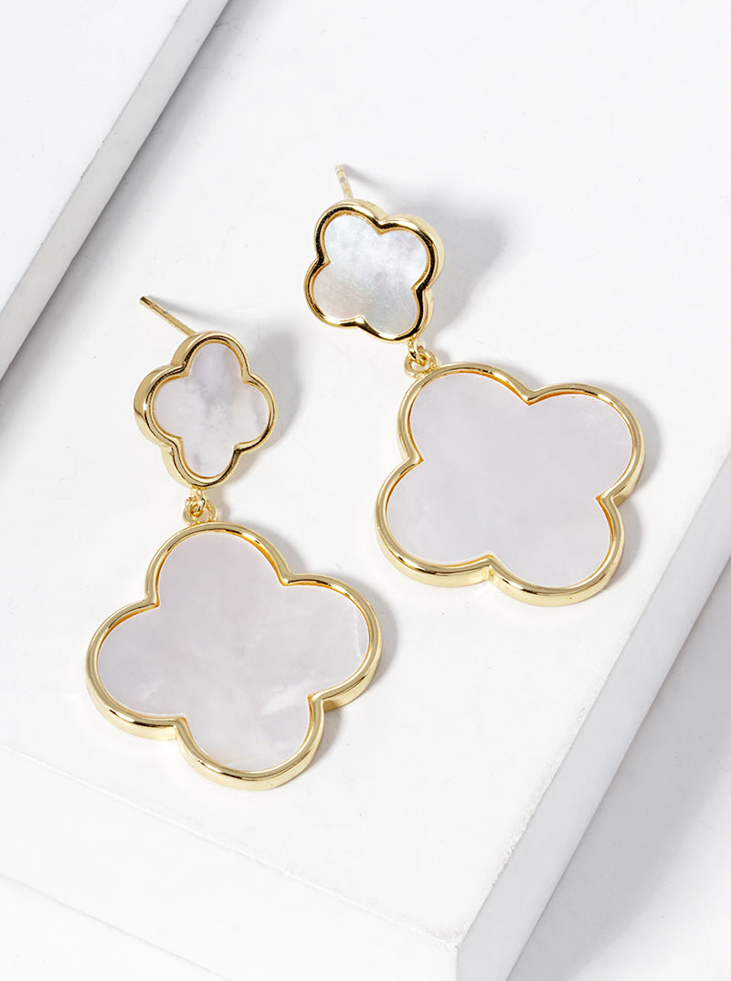 18K Gold Dipped Double Quatrefoil Drop Dangle Post Earrings