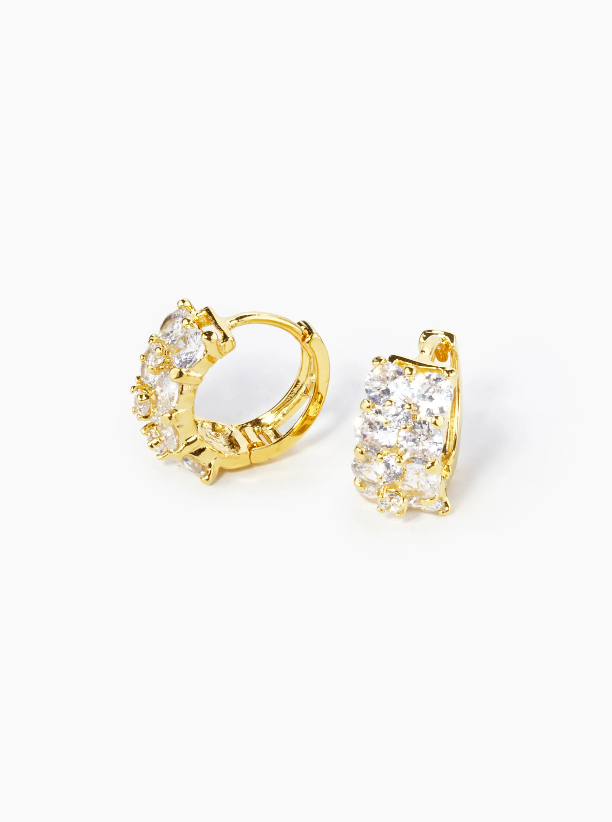 18K Gold Dipped Double Row 4-Prong Setting CZ Stone 10mm Brass Huggie Hoop Earrings