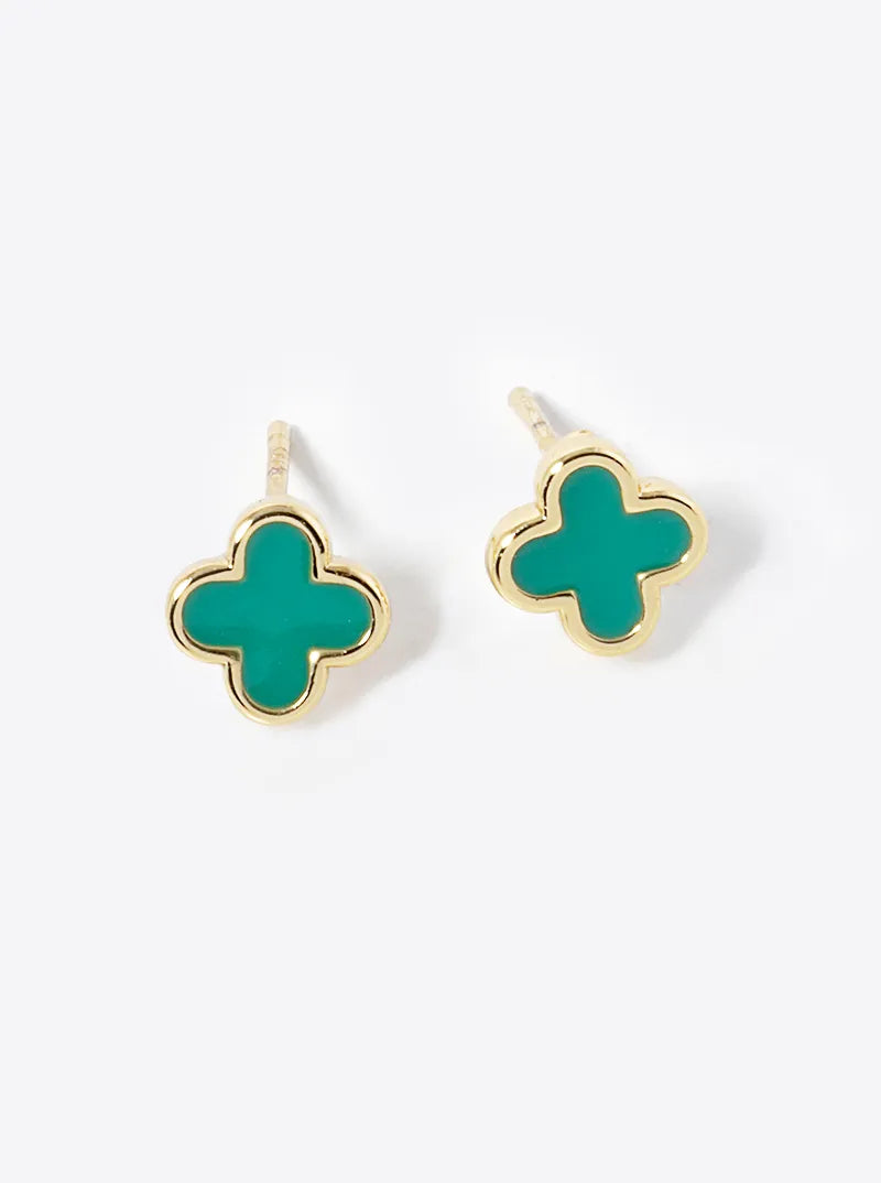 18K Gold Dipped Enamel Filled 7mm Quatrefoil 925 Sterling Silver Post Stud Earrings