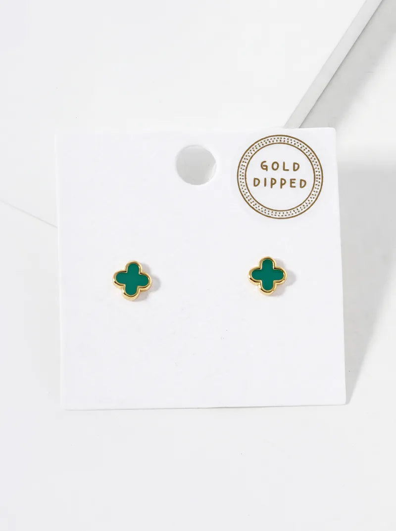 18K Gold Dipped Enamel Filled 7mm Quatrefoil 925 Sterling Silver Post Stud Earrings