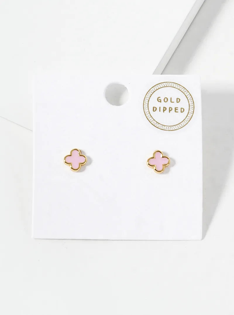 18K Gold Dipped Enamel Filled 7mm Quatrefoil 925 Sterling Silver Post Stud Earrings