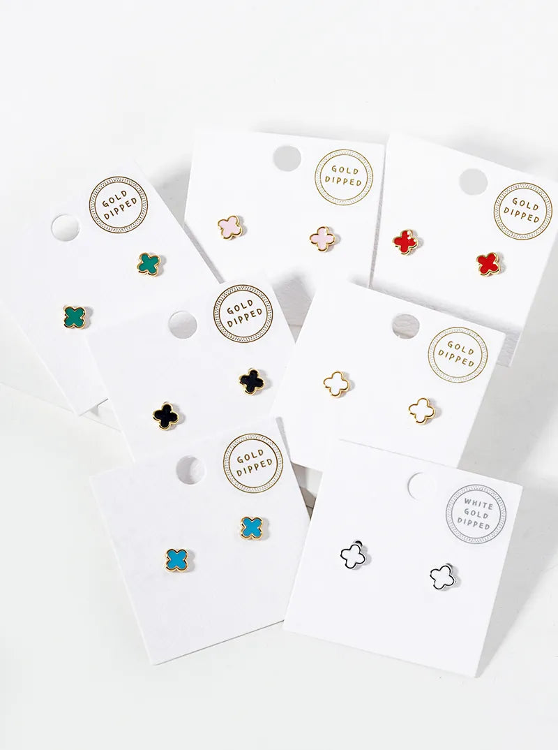 18K Gold Dipped Enamel Filled 7mm Quatrefoil 925 Sterling Silver Post Stud Earrings