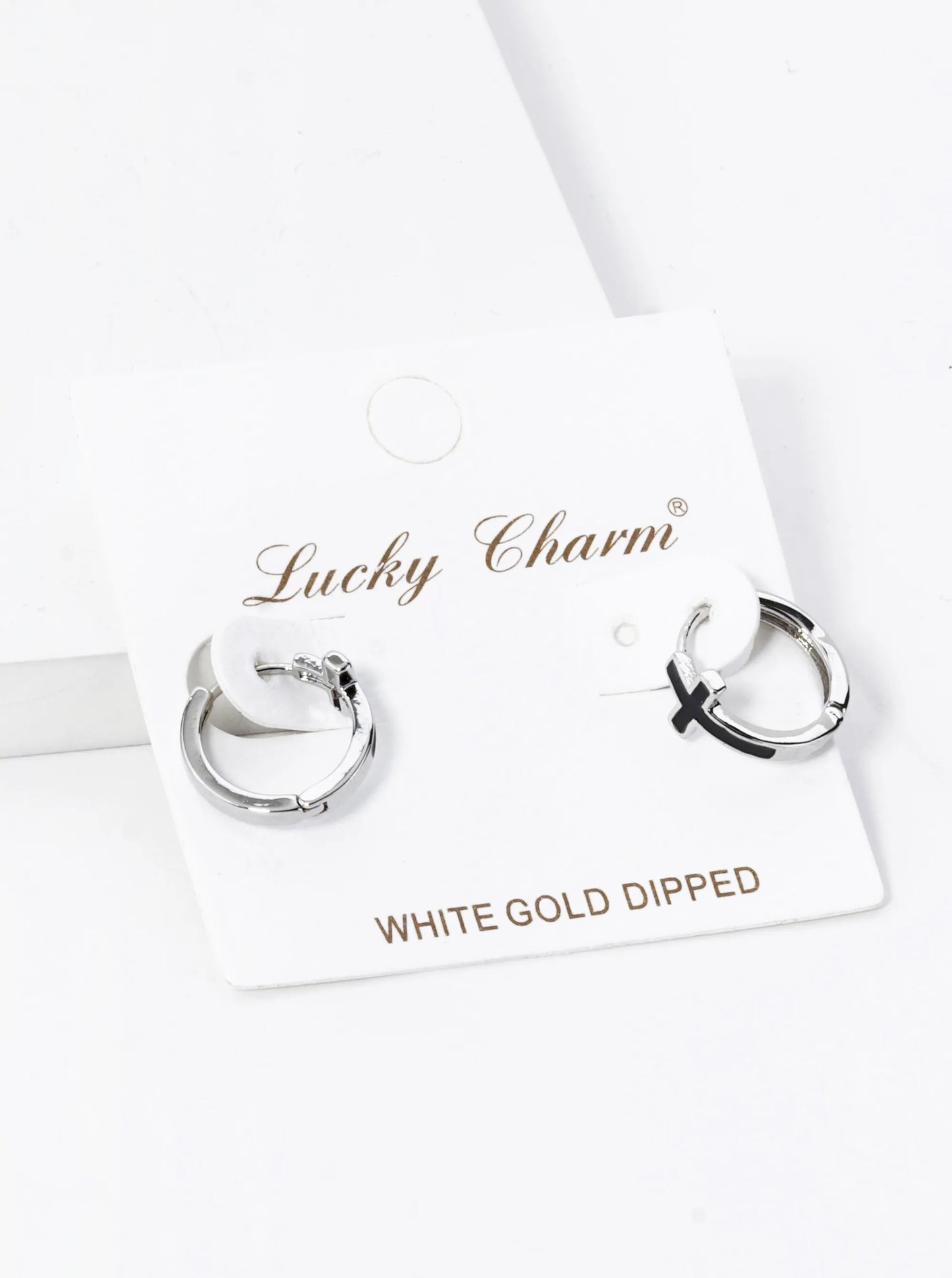 18K Gold Dipped Enamel Filled Cross Accent 13mm Huggie Hoop Earrings