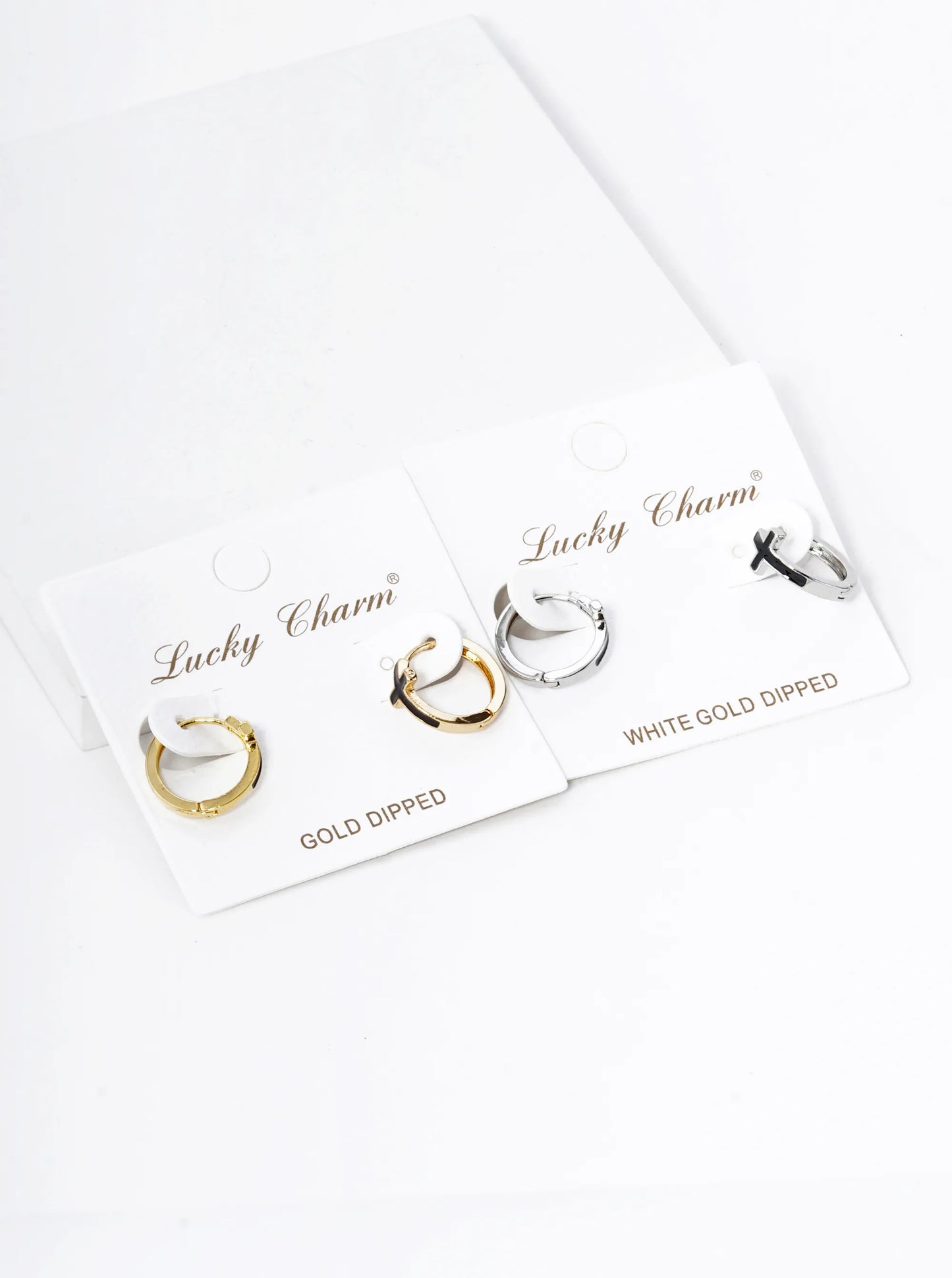 18K Gold Dipped Enamel Filled Cross Accent 13mm Huggie Hoop Earrings