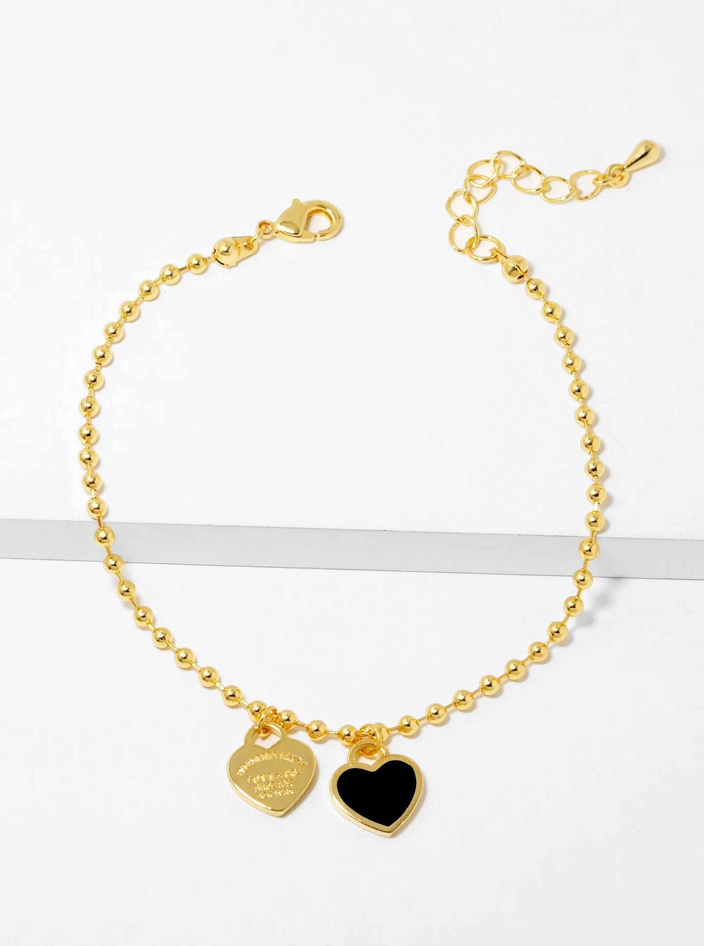 18K Gold Dipped Enamel Filled Double Heart Ball Chain Bracelet