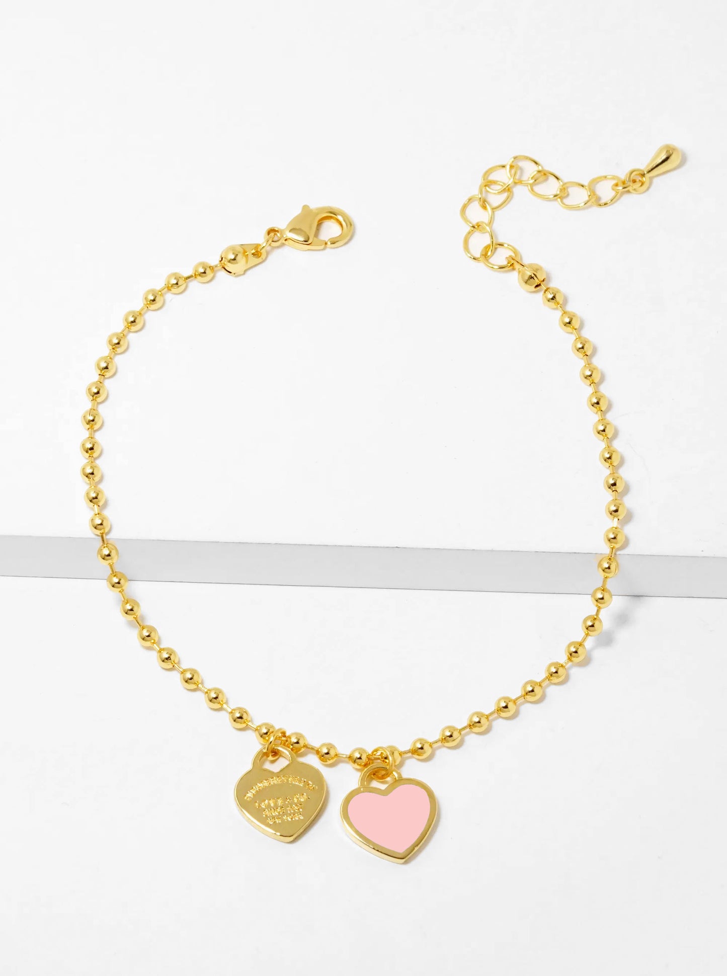 18K Gold Dipped Enamel Filled Double Heart Ball Chain Bracelet