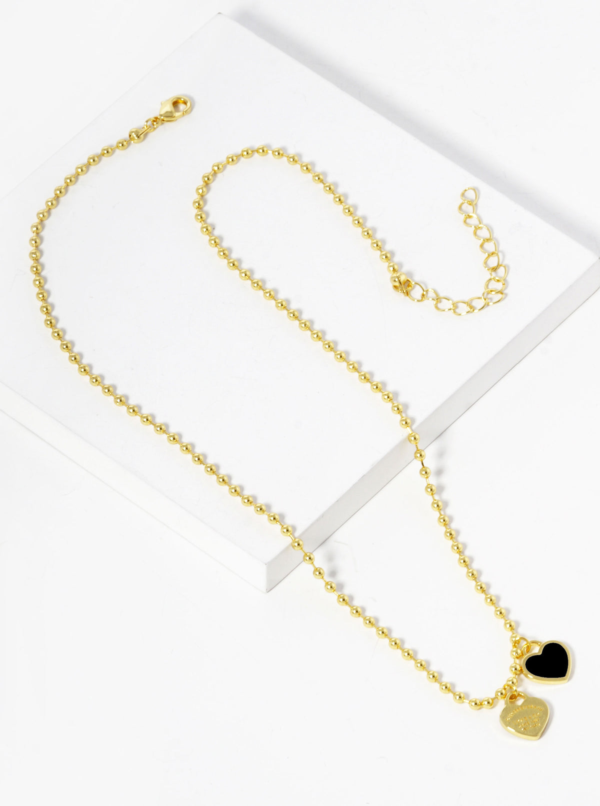 18K Gold Dipped Enamel Filled Double Heart Pendant Ball Chain Necklace