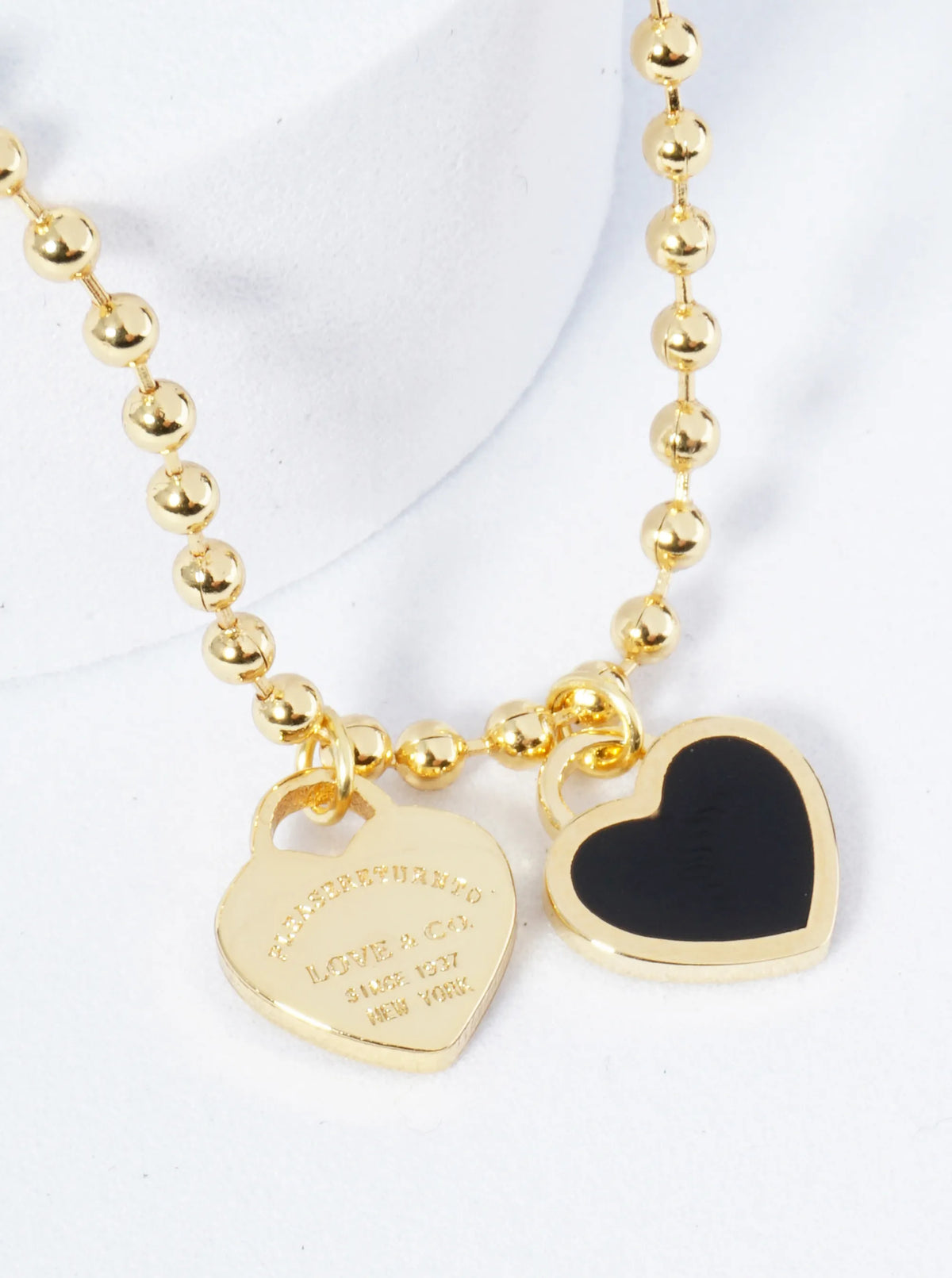 18K Gold Dipped Enamel Filled Double Heart Pendant Ball Chain Necklace