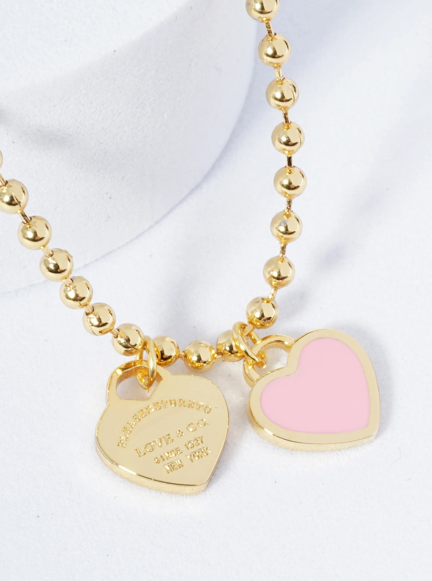 18K Gold Dipped Enamel Filled Double Heart Pendant Ball Chain Necklace
