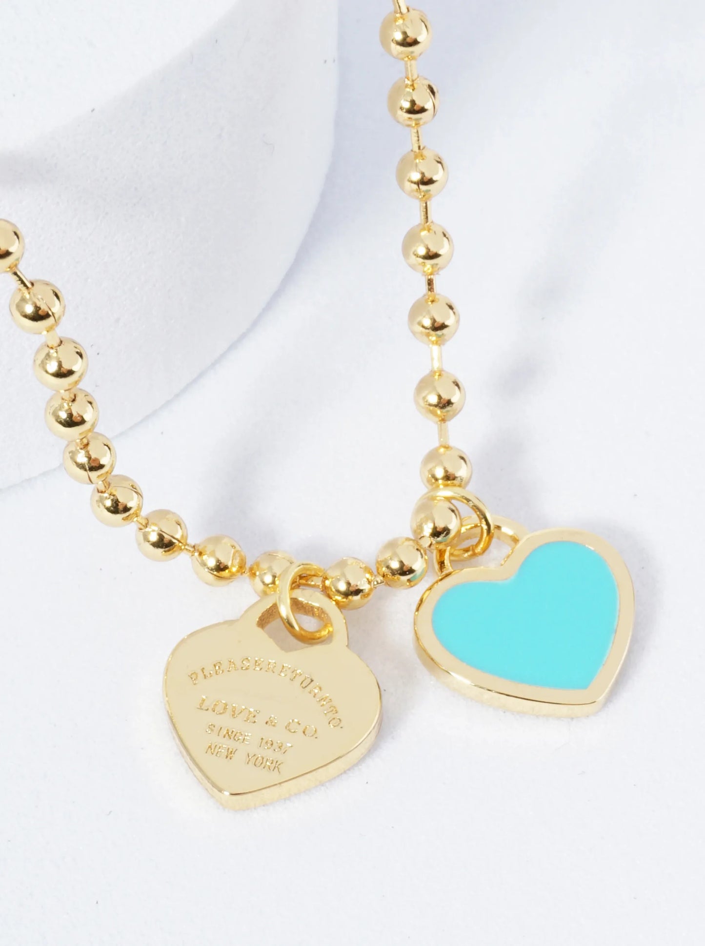 18K Gold Dipped Enamel Filled Double Heart Pendant Ball Chain Necklace