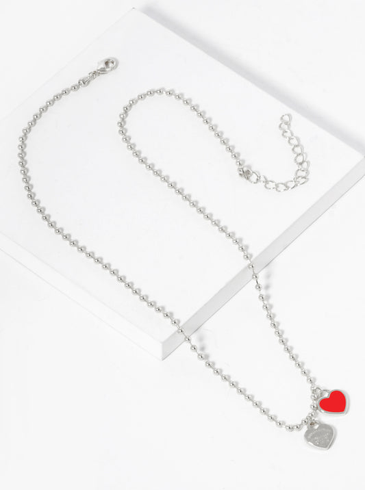18K Gold Dipped Enamel Filled Double Heart Pendant Ball Chain Necklace