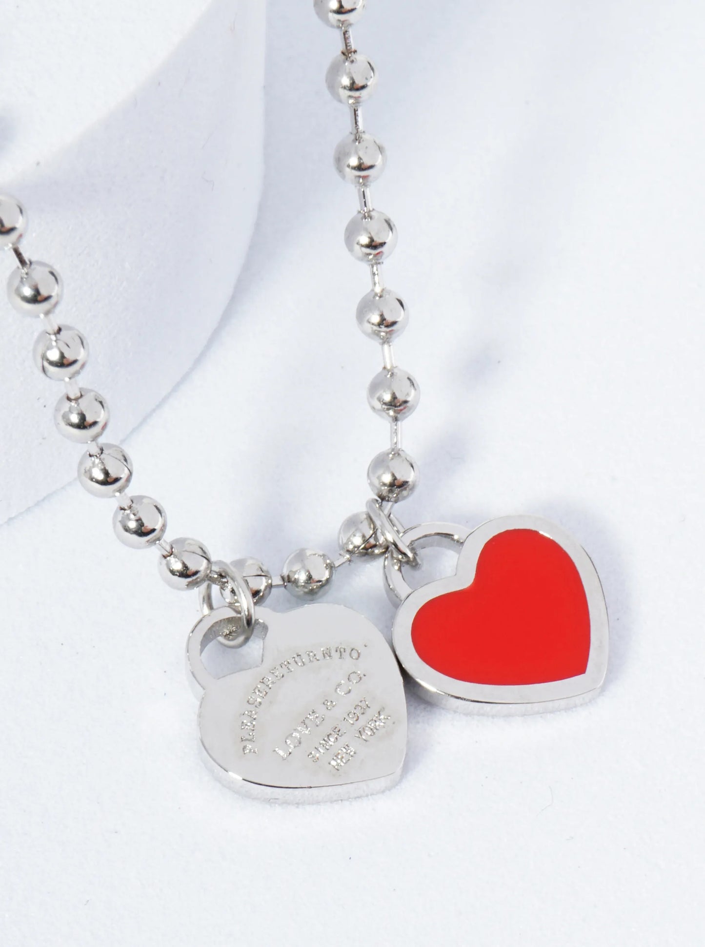 18K Gold Dipped Enamel Filled Double Heart Pendant Ball Chain Necklace
