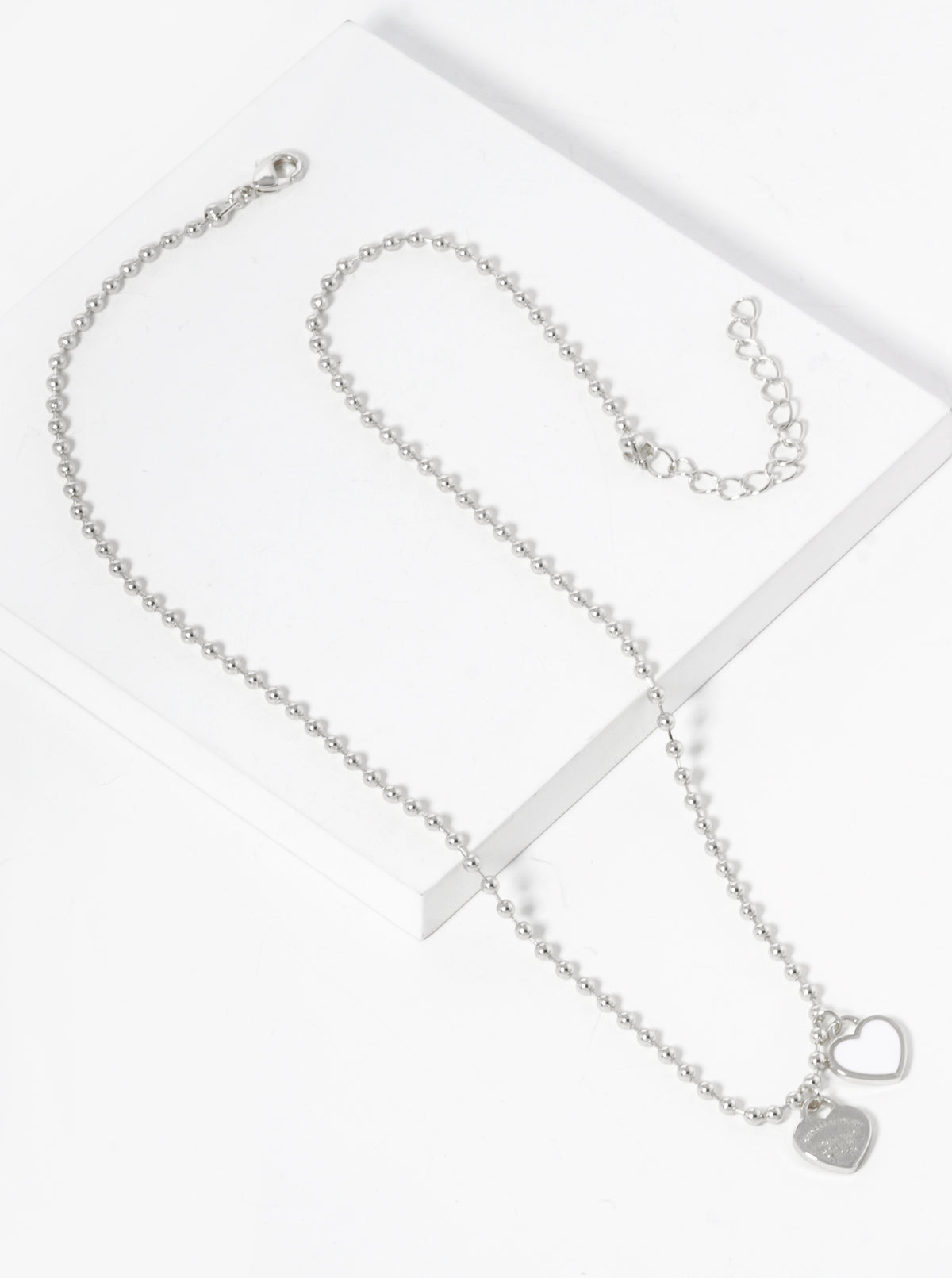 18K Gold Dipped Enamel Filled Double Heart Pendant Ball Chain Necklace Rhodium-White