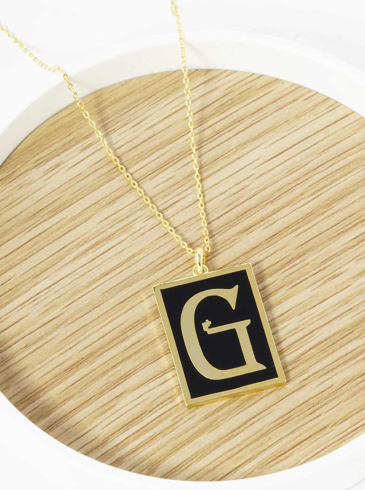 18K Gold Dipped Enamel Filled Rectangular Initial Pendant Necklace