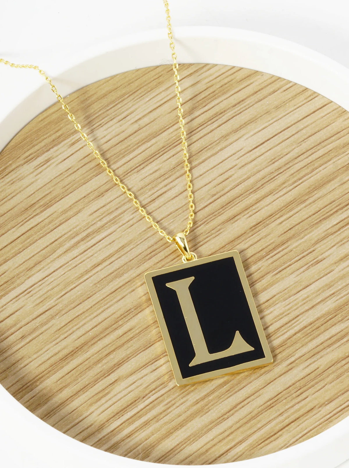 18K Gold Dipped Enamel Filled Rectangular Initial Pendant Necklace