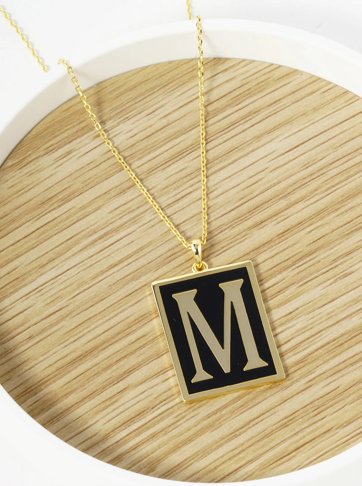 18K Gold Dipped Enamel Filled Rectangular Initial Pendant Necklace