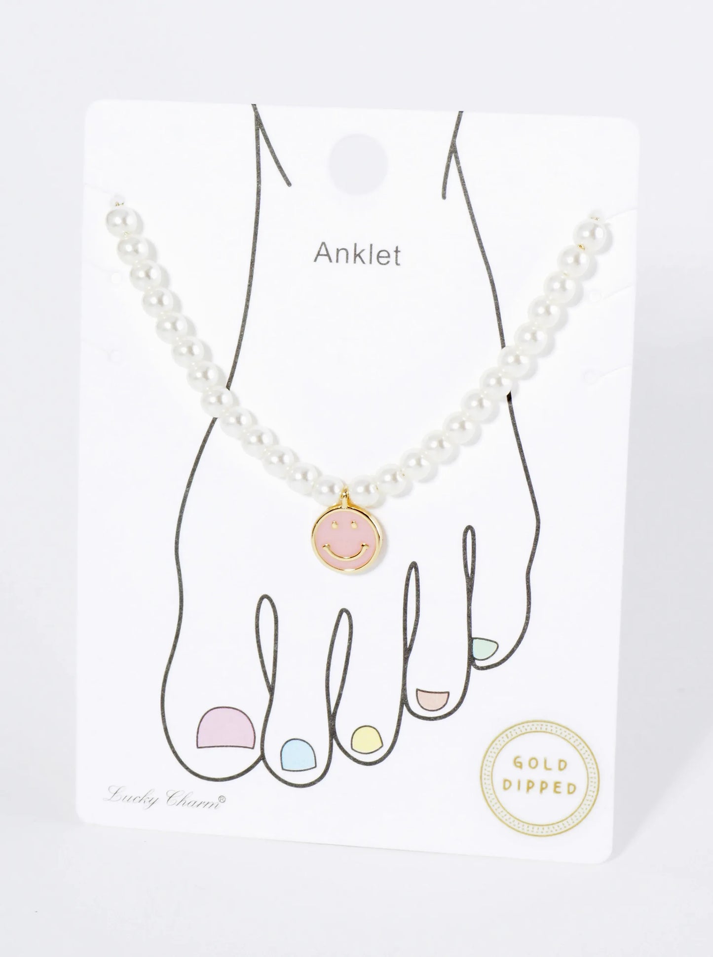 18K Gold Dipped Enamel Smiley Face Charm Pearl Chain Anklet
