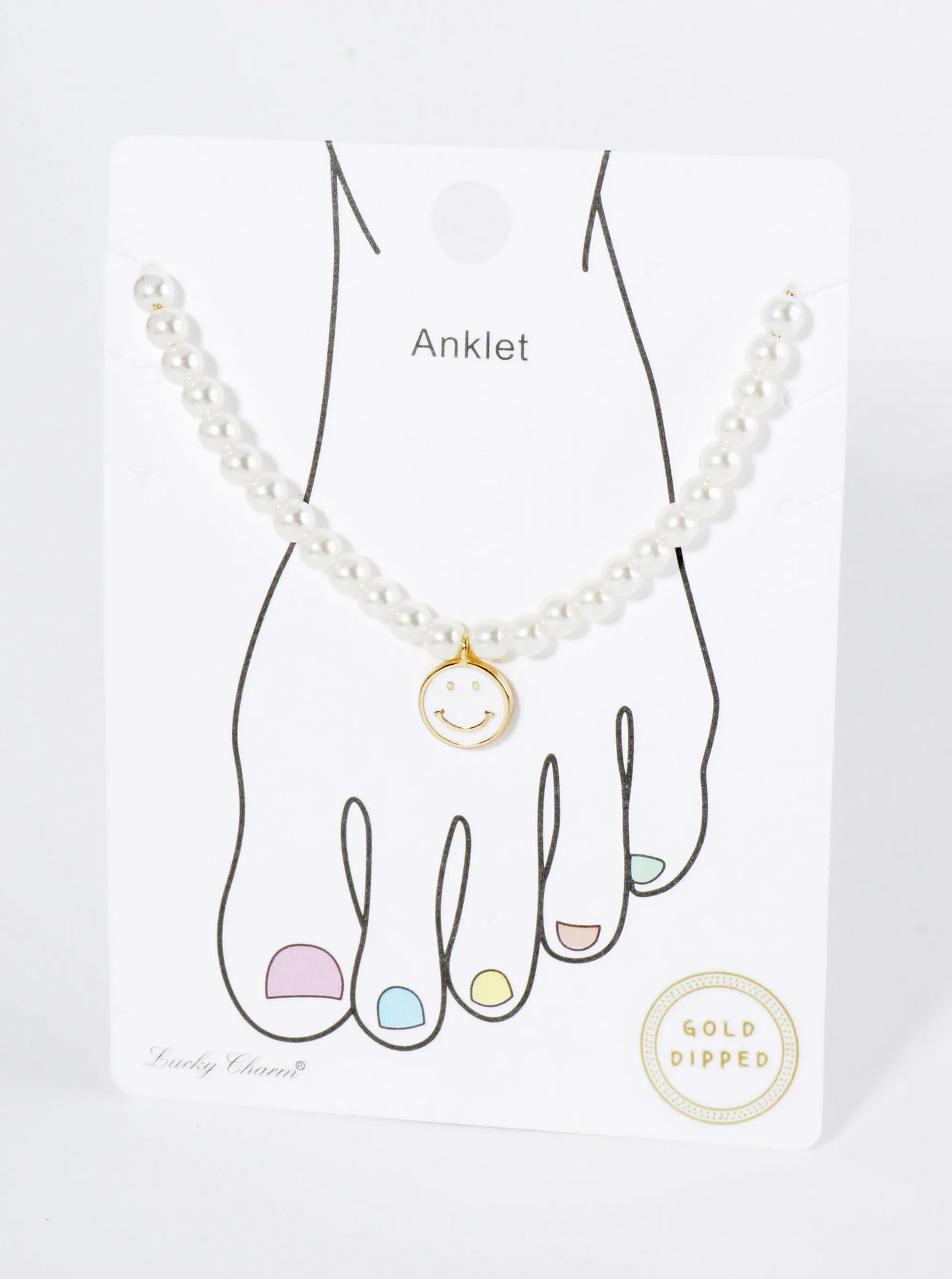 18K Gold Dipped Enamel Smiley Face Charm Pearl Chain Anklet