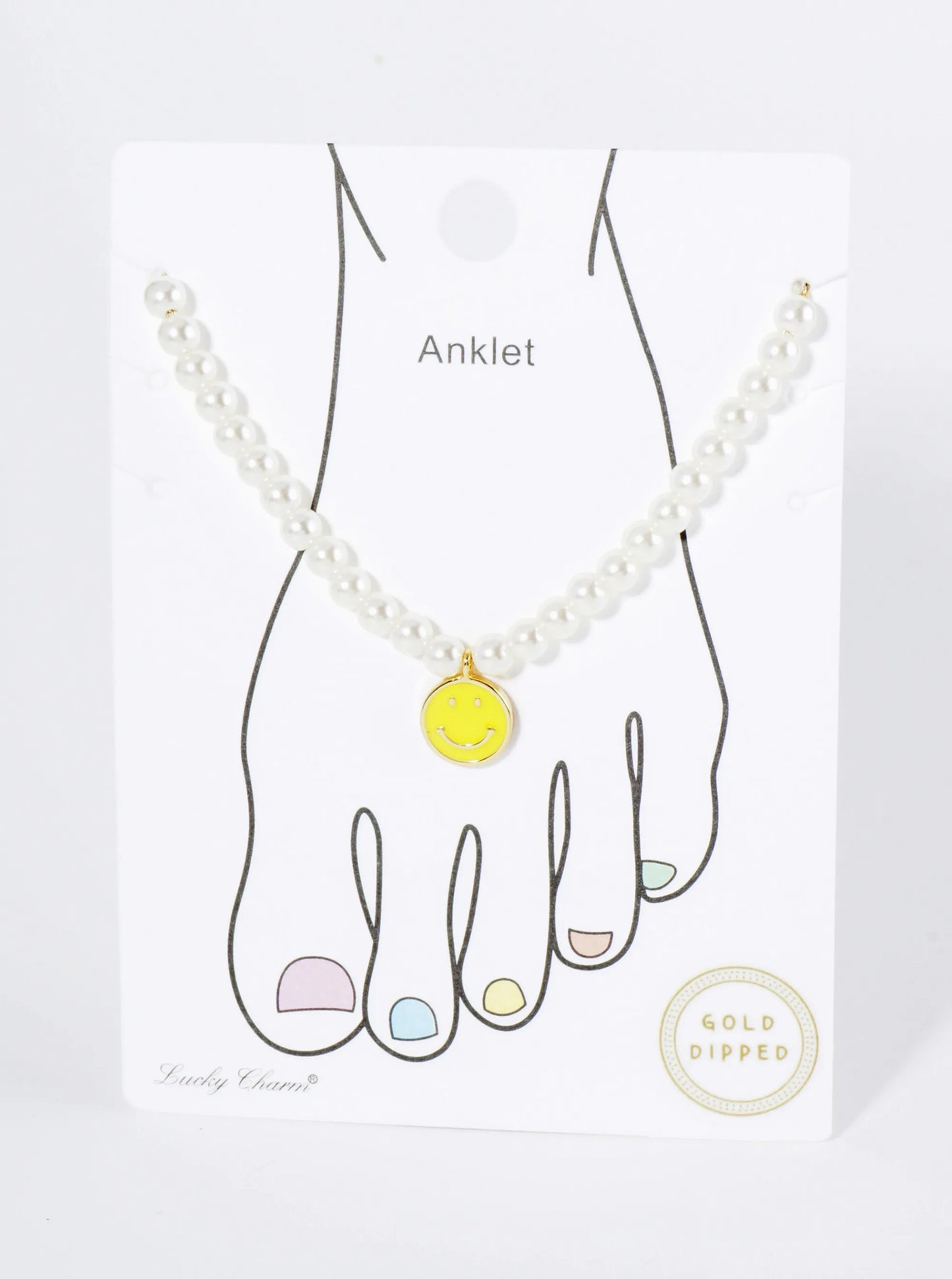18K Gold Dipped Enamel Smiley Face Charm Pearl Chain Anklet