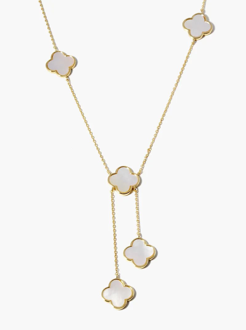 18K Gold Dipped Five 12mm Semi-Precious Quatrefoil Drop Lariat Necklace
