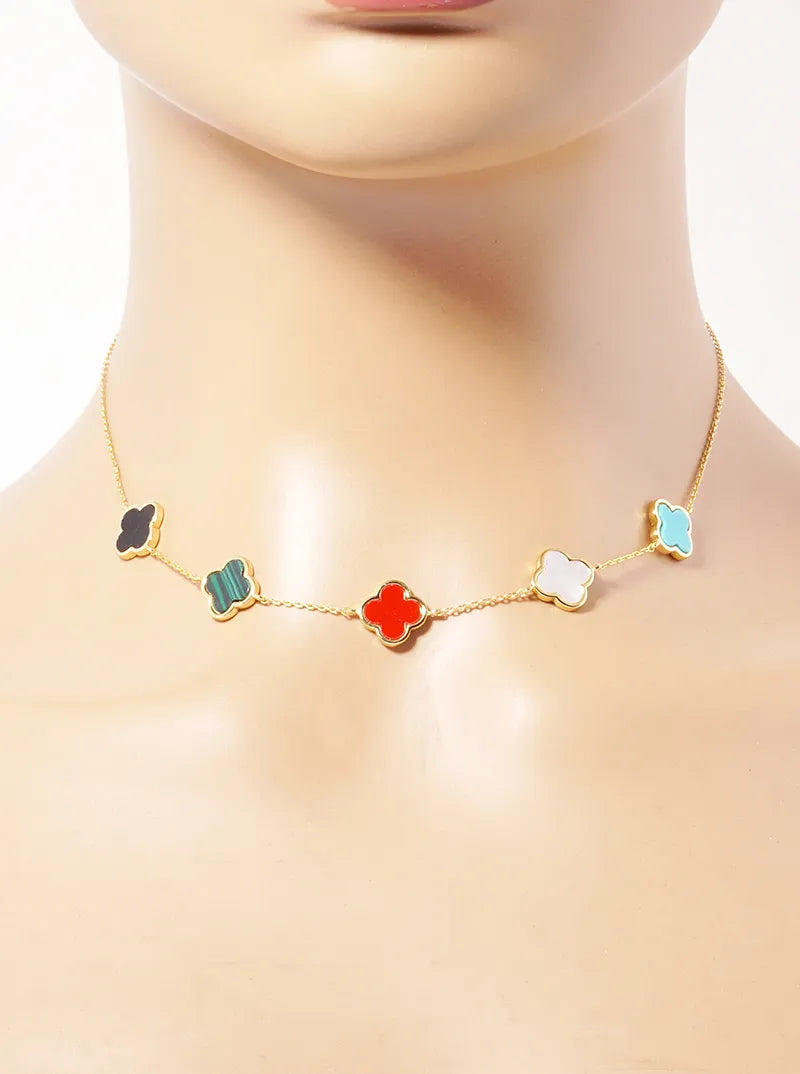18K Gold Dipped Five 12mm Semi-Precious Quatrefoil Station Necklace
