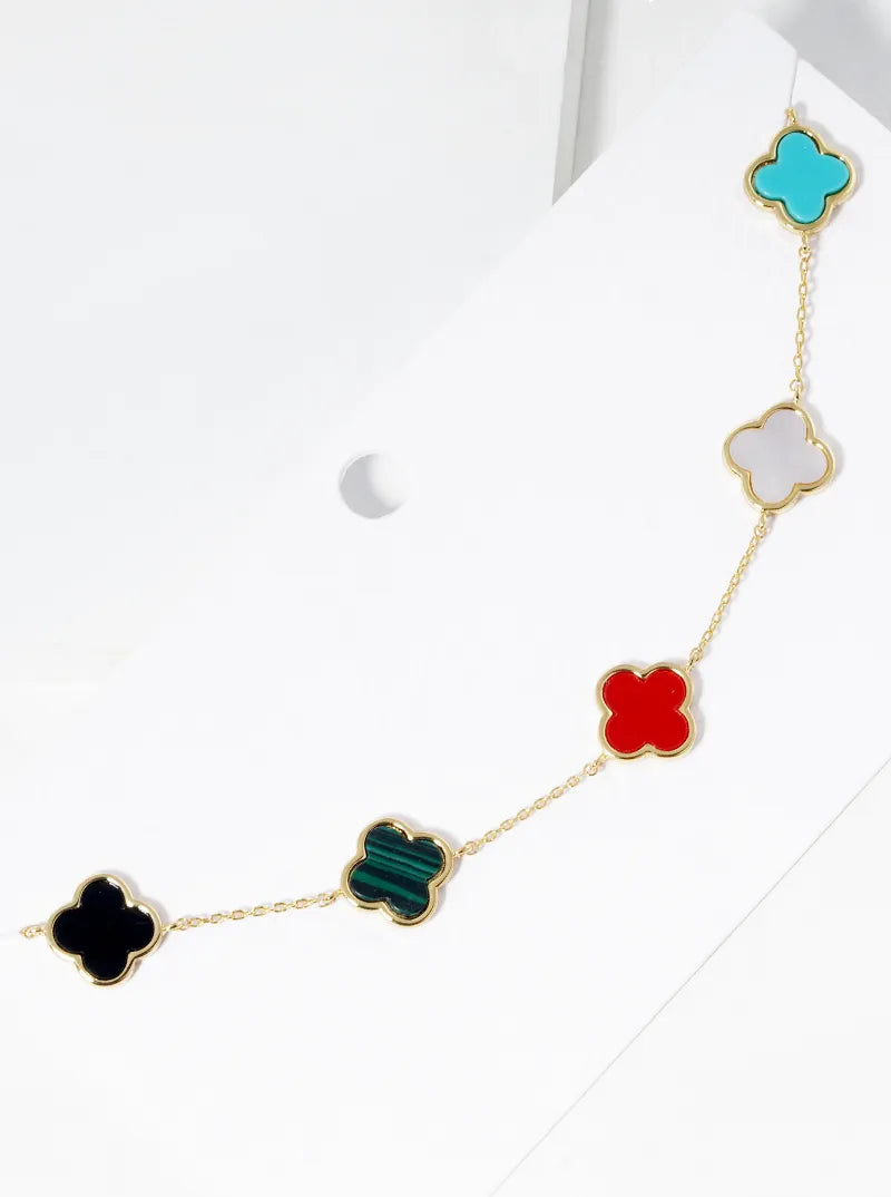 18K Gold Dipped Five 12mm Semi-Precious Quatrefoil Station Necklace