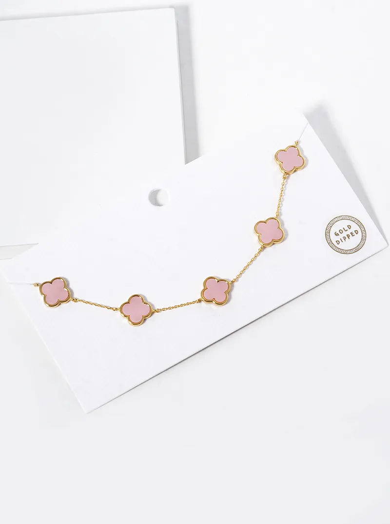18K Gold Dipped Five 12mm Semi-Precious Quatrefoil Station Necklace