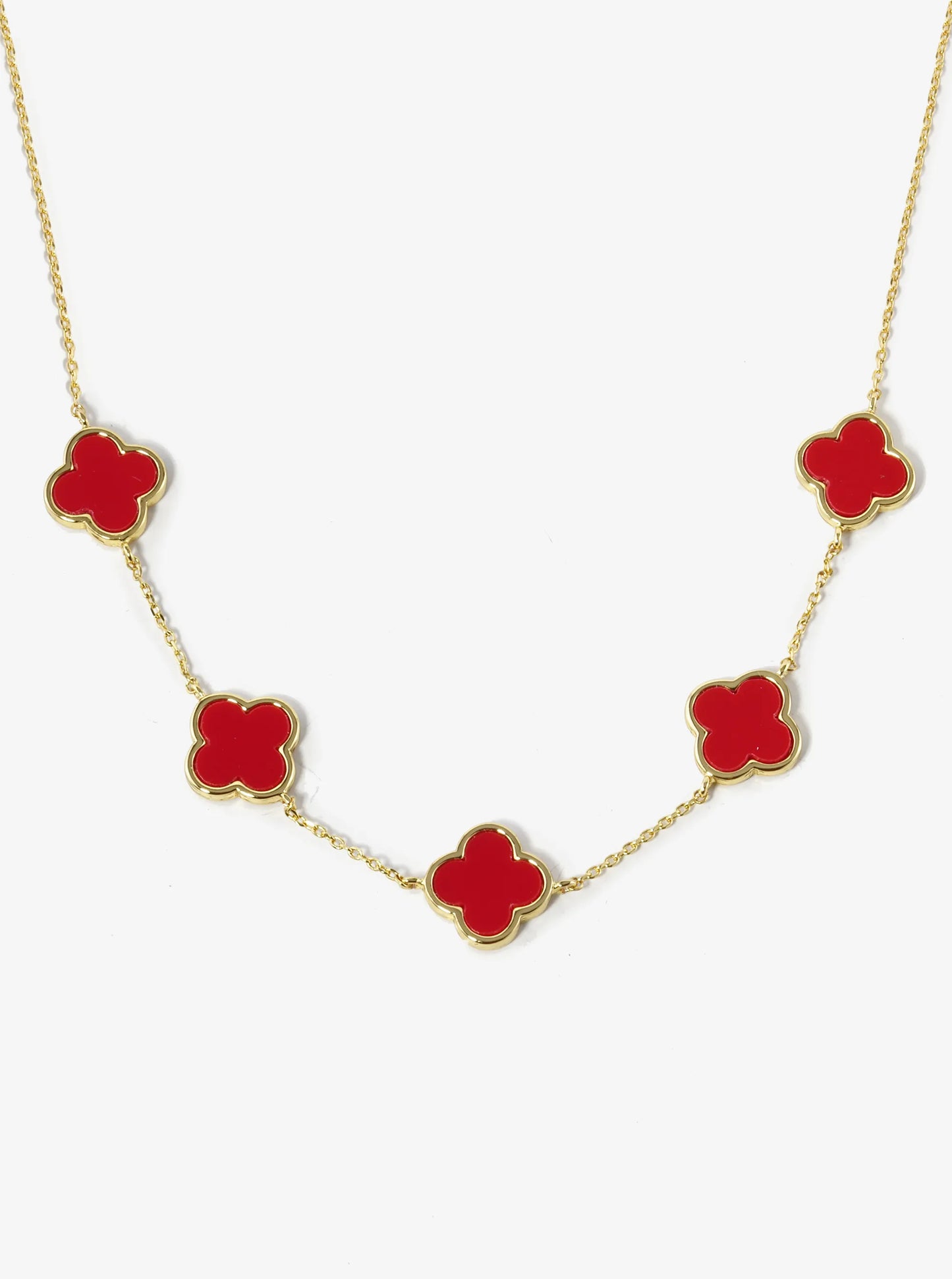 18K Gold Dipped Five 12mm Semi-Precious Quatrefoil Station Necklace