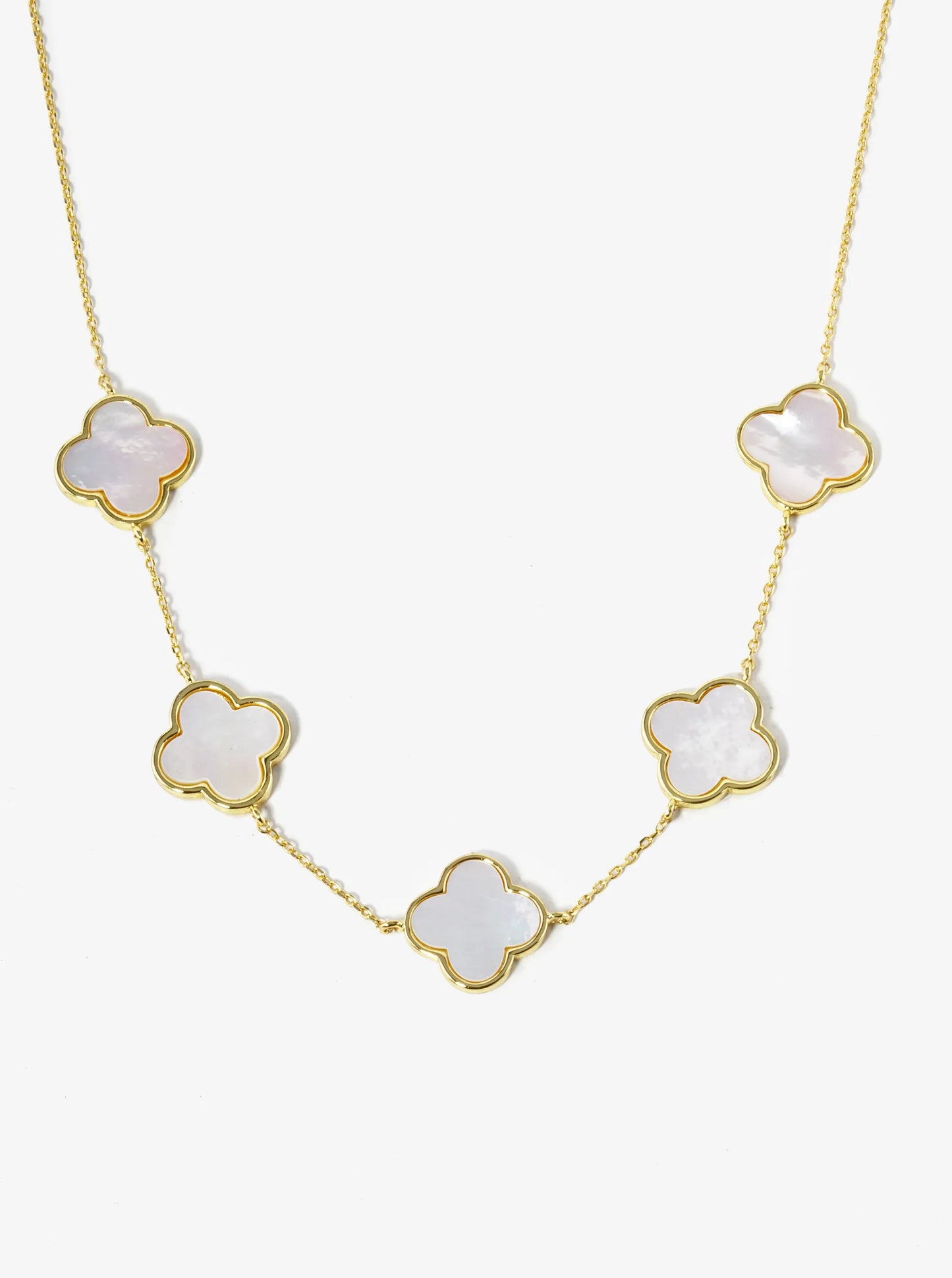 18K Gold Dipped Five 14mm Semi-Precious Quatrefoil Station Necklace