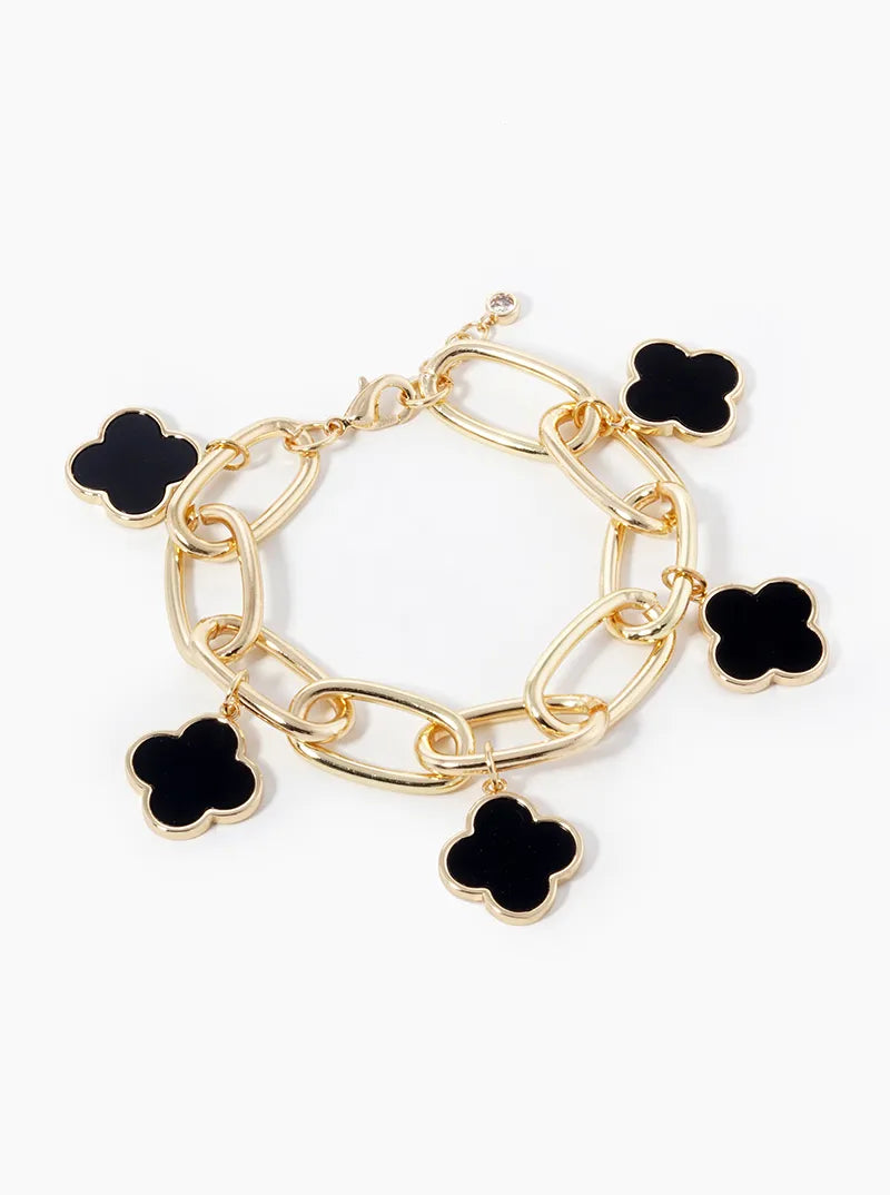 18K-Gold-Dipped Five 16mm Semi-Precious Quatrefoil Charms Chain Bracelet