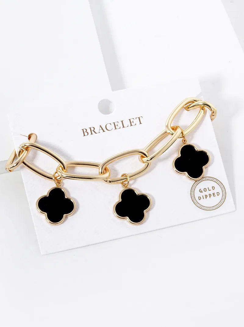 18K-Gold-Dipped Five 16mm Semi-Precious Quatrefoil Charms Chain Bracelet