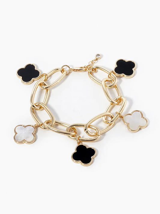 18K-Gold-Dipped Five 16mm Semi-Precious Quatrefoil Charms Chain Bracelet